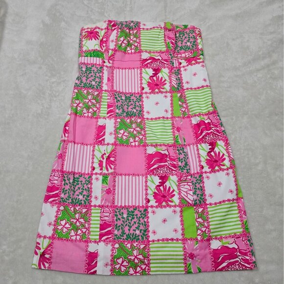 Lilly Pulitzer ✦ Strapless Patchwork Dress ✦ Pink Green Floral Stripe Cotton 2 - Picture 8 of 14